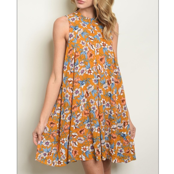 Mustard floral high neck detail floral tunic dress